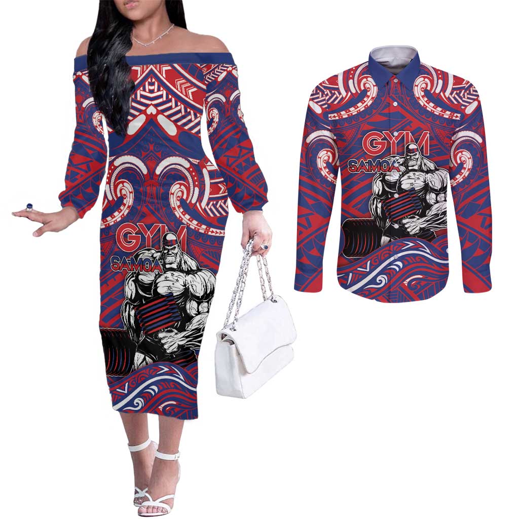 Personalised Samoa Gym Couples Matching Off The Shoulder Long Sleeve Dress and Long Sleeve Button Shirt Muscle Samoan Tribal Waves DT05 Navy - Polynesian Pride
