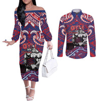 Personalised Samoa Gym Couples Matching Off The Shoulder Long Sleeve Dress and Long Sleeve Button Shirt Muscle Samoan Tribal Waves DT05 Navy - Polynesian Pride