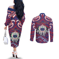 Personalised Samoa Gym Couples Matching Off The Shoulder Long Sleeve Dress and Long Sleeve Button Shirt Muscle Samoan Tribal Waves DT05 - Polynesian Pride
