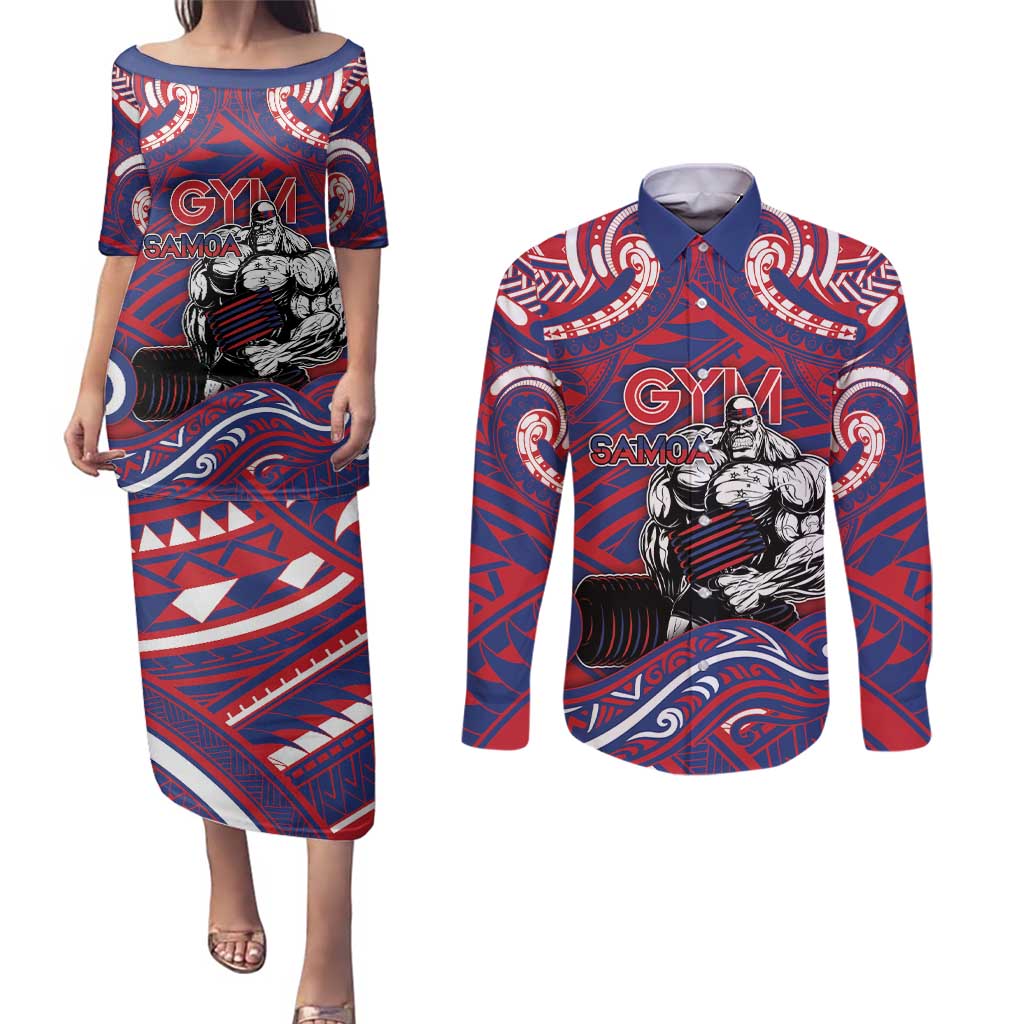 Personalised Samoa Gym Couples Matching Puletasi and Long Sleeve Button Shirt Muscle Samoan Tribal Waves - Polynesian Pride