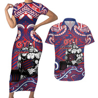 Personalised Samoa Gym Couples Matching Short Sleeve Bodycon Dress and Hawaiian Shirt Muscle Samoan Tribal Waves DT05 Navy - Polynesian Pride