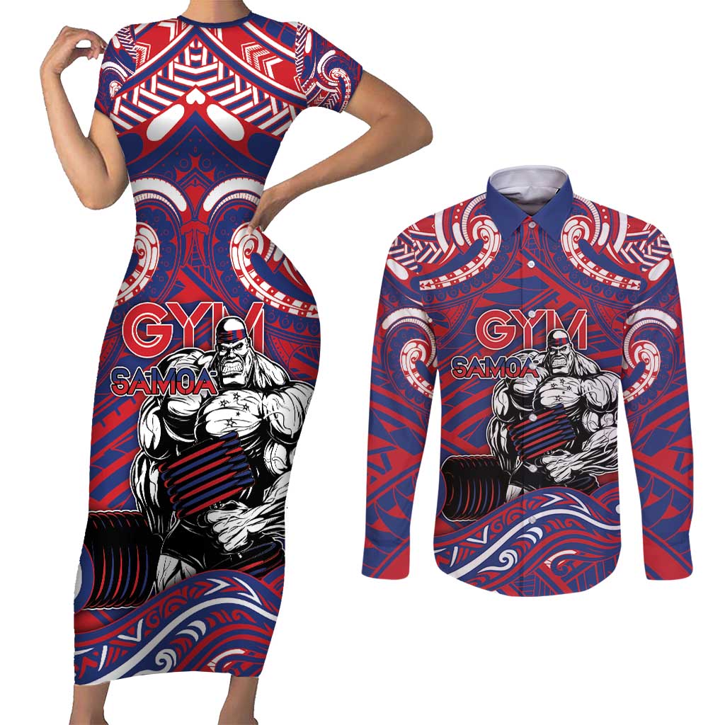 Personalised Samoa Gym Couples Matching Short Sleeve Bodycon Dress and Long Sleeve Button Shirt Muscle Samoan Tribal Waves - Polynesian Pride