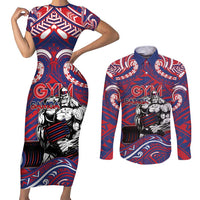 Personalised Samoa Gym Couples Matching Short Sleeve Bodycon Dress and Long Sleeve Button Shirt Muscle Samoan Tribal Waves - Polynesian Pride