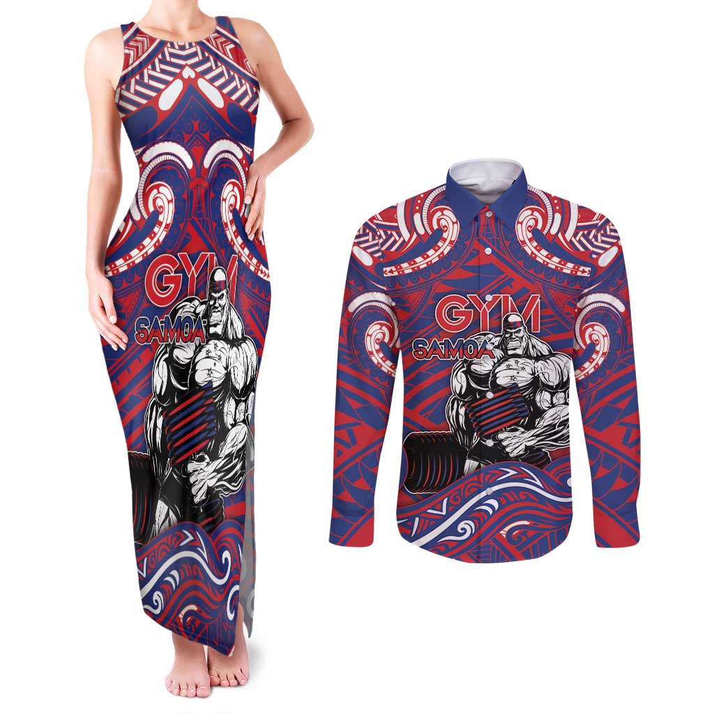 Personalised Samoa Gym Couples Matching Tank Maxi Dress and Long Sleeve Button Shirt Muscle Samoan Tribal Waves - Polynesian Pride