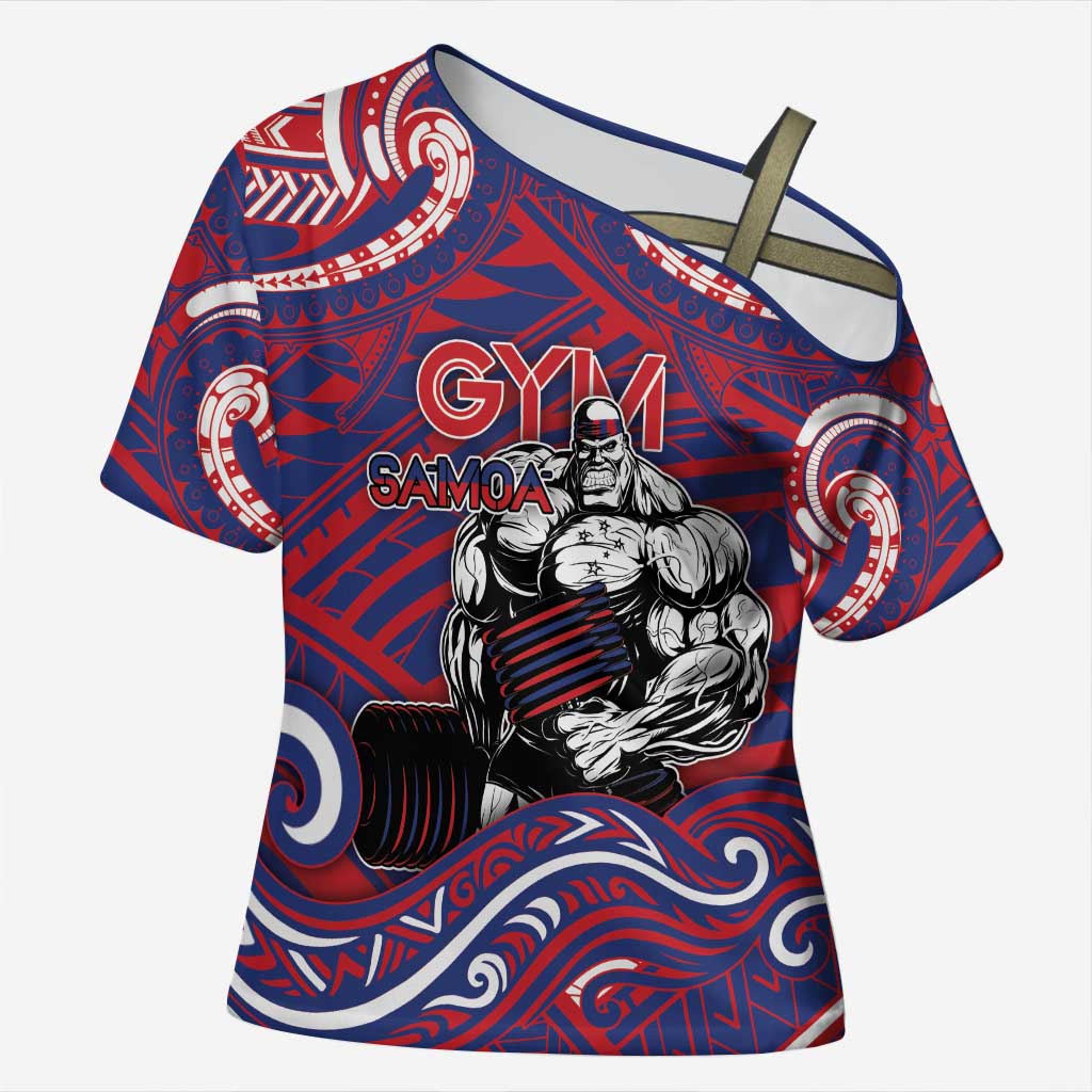 Personalised Samoa Gym Cross Shoulder Shirt Muscle Samoan Tribal Waves DT05 Female Navy - Polynesian Pride