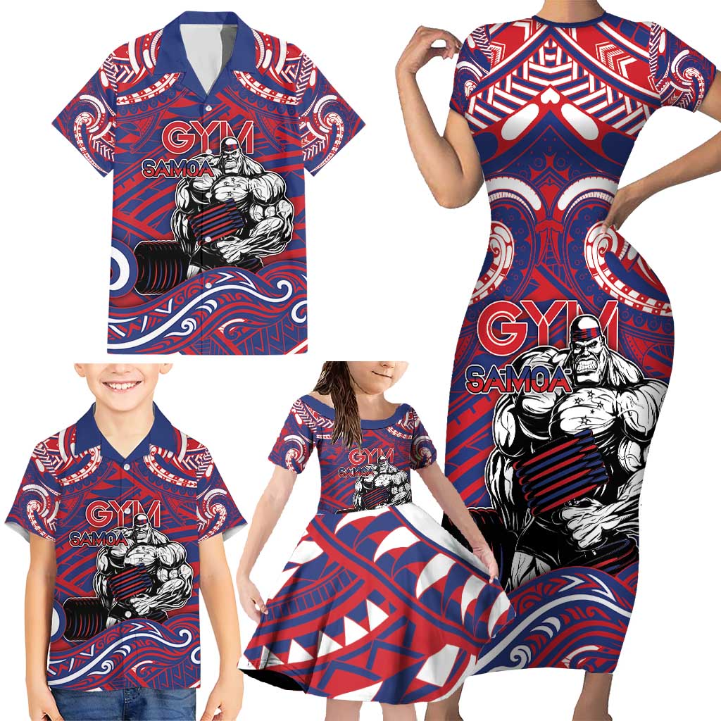 Personalised Samoa Gym Family Matching Short Sleeve Bodycon Dress and Hawaiian Shirt Muscle Samoan Tribal Waves - Polynesian Pride
