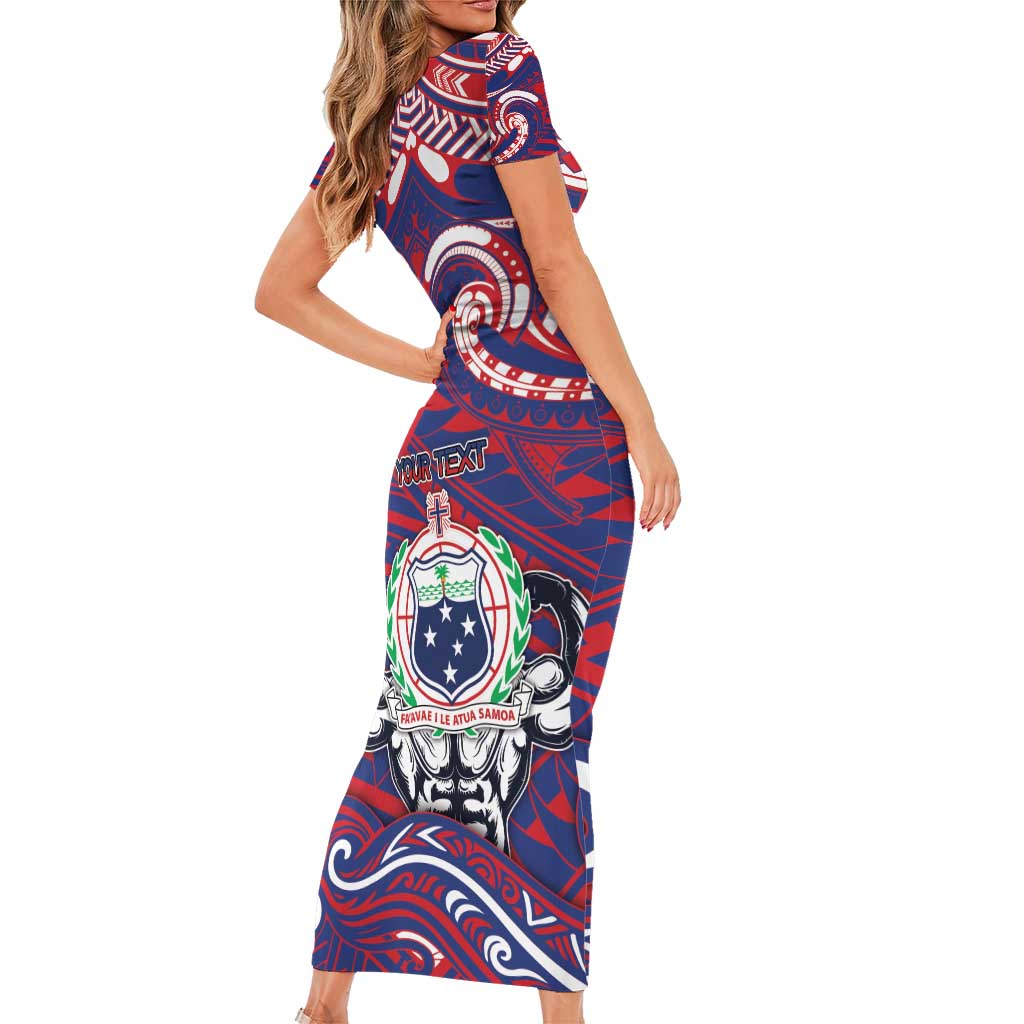 Personalised Samoa Gym Family Matching Short Sleeve Bodycon Dress and Hawaiian Shirt Muscle Samoan Tribal Waves - Polynesian Pride