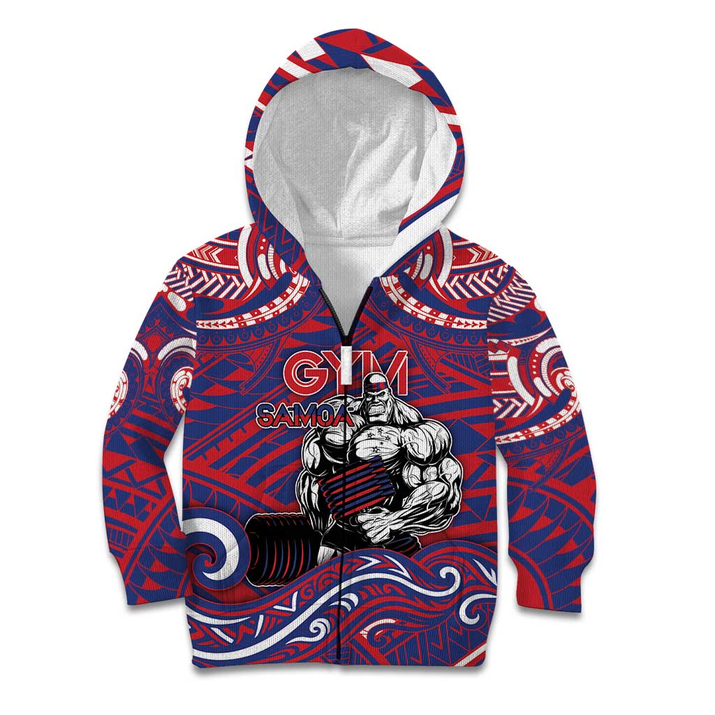 Personalised Samoa Gym Kid Hoodie Muscle Samoan Tribal Waves DT05 Zip Hoodie Navy - Polynesian Pride