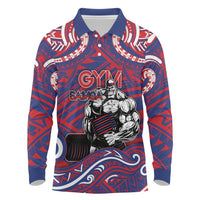 Personalised Samoa Gym Long Sleeve Polo Shirt Muscle Samoan Tribal Waves DT05 Navy - Polynesian Pride