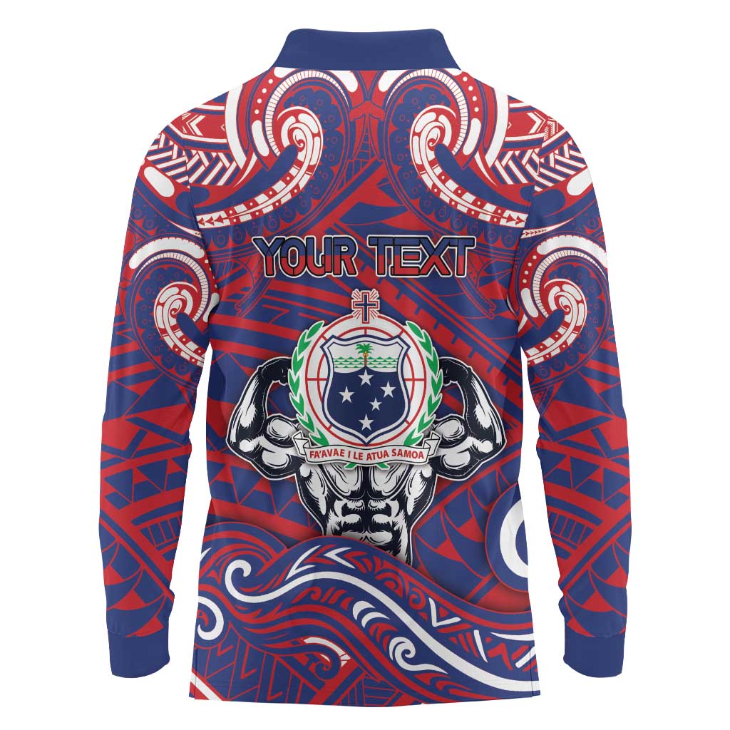 Personalised Samoa Gym Long Sleeve Polo Shirt Muscle Samoan Tribal Waves DT05 - Polynesian Pride