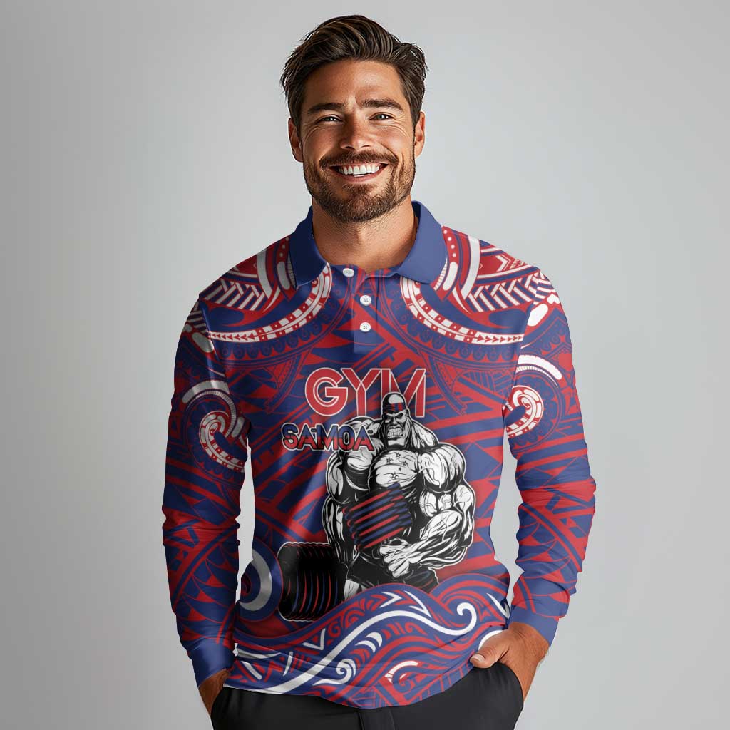 Personalised Samoa Gym Long Sleeve Polo Shirt Muscle Samoan Tribal Waves DT05 - Polynesian Pride