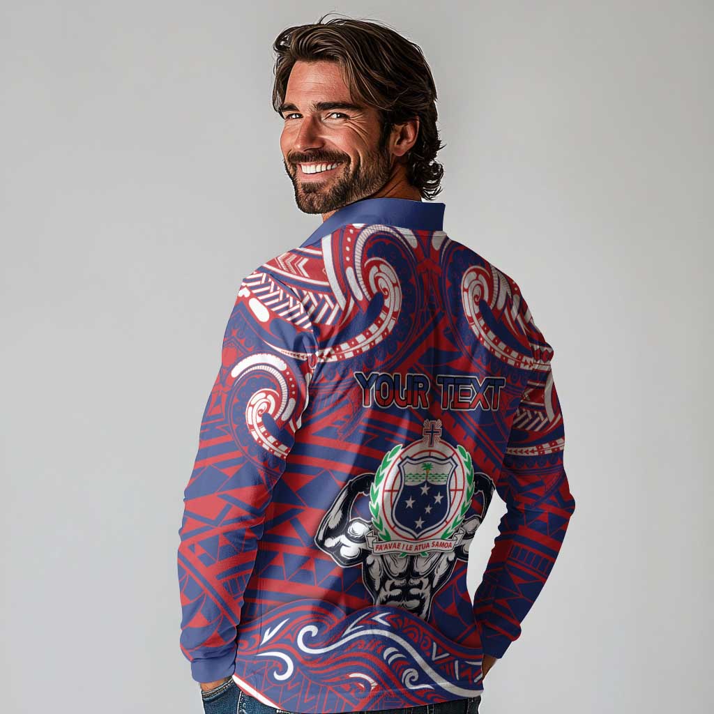 Personalised Samoa Gym Long Sleeve Polo Shirt Muscle Samoan Tribal Waves DT05 - Polynesian Pride