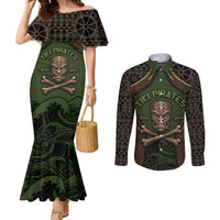 Personalised Hawaii Tiki Pirates Couples Matching Mermaid Dress and Long Sleeve Button Shirt Kakau Pattern Polynesian Style