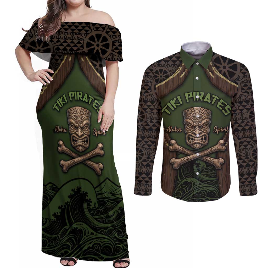 Personalised Hawaii Tiki Pirates Couples Matching Off Shoulder Maxi Dress and Long Sleeve Button Shirt Kakau Pattern Polynesian Style