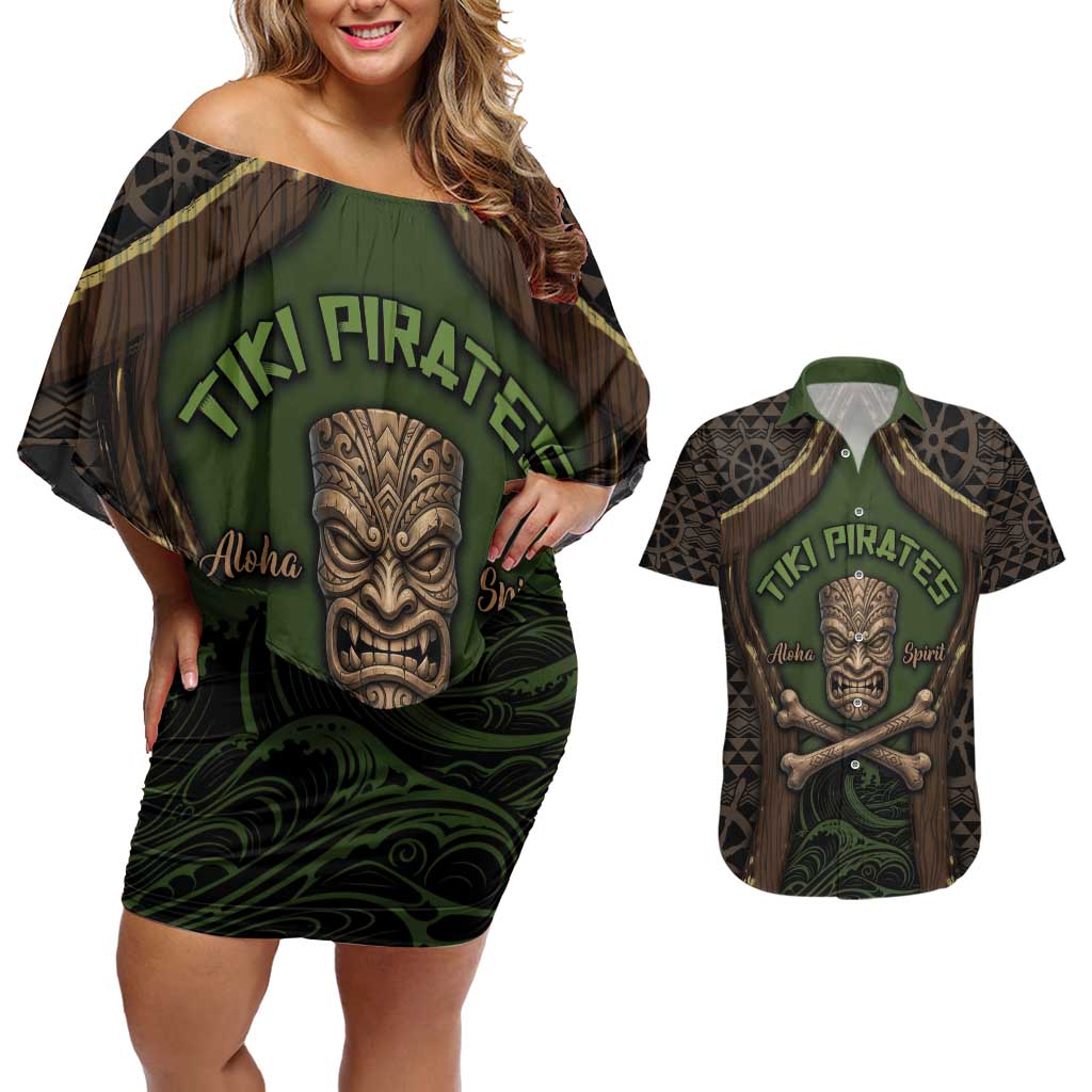 Personalised Hawaii Tiki Pirates Couples Matching Off Shoulder Short Dress and Hawaiian Shirt Kakau Pattern Polynesian Style