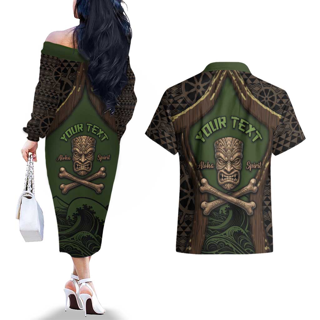 Personalised Hawaii Tiki Pirates Couples Matching Off The Shoulder Long Sleeve Dress and Hawaiian Shirt Kakau Pattern Polynesian Style