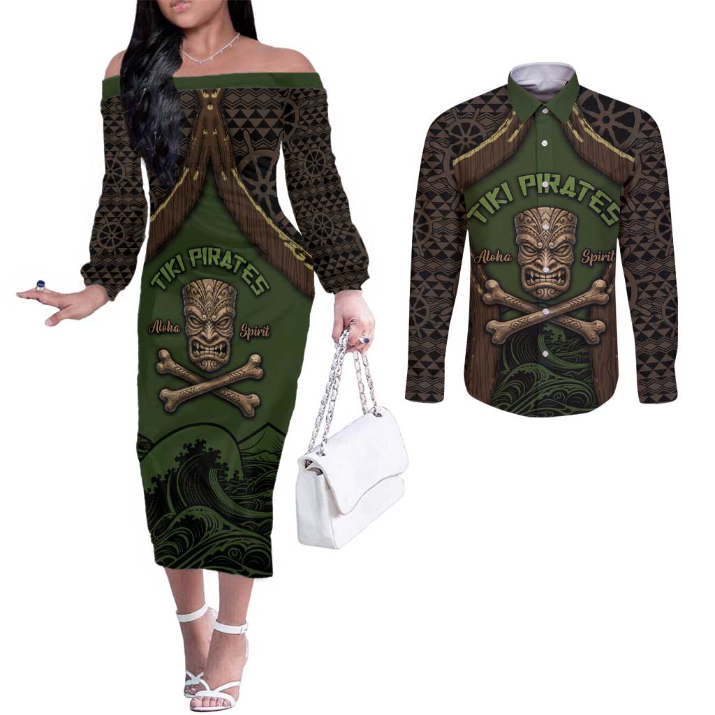Personalised Hawaii Tiki Pirates Couples Matching Off The Shoulder Long Sleeve Dress and Long Sleeve Button Shirt Kakau Pattern Polynesian Style