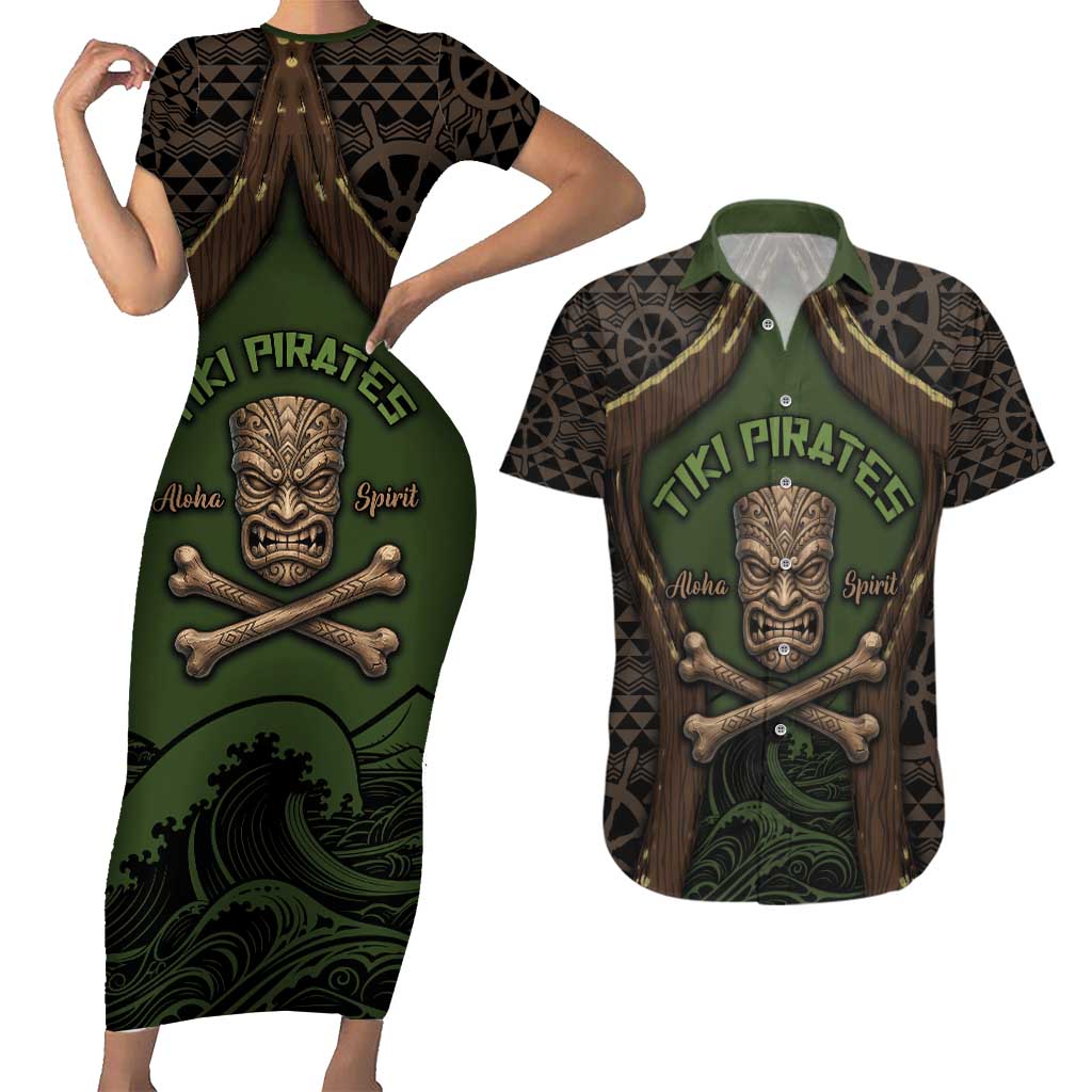 Personalised Hawaii Tiki Pirates Couples Matching Short Sleeve Bodycon Dress and Hawaiian Shirt Kakau Pattern Polynesian Style DT05 Green - Polynesian Pride