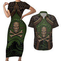 Personalised Hawaii Tiki Pirates Couples Matching Short Sleeve Bodycon Dress and Hawaiian Shirt Kakau Pattern Polynesian Style DT05 Green - Polynesian Pride