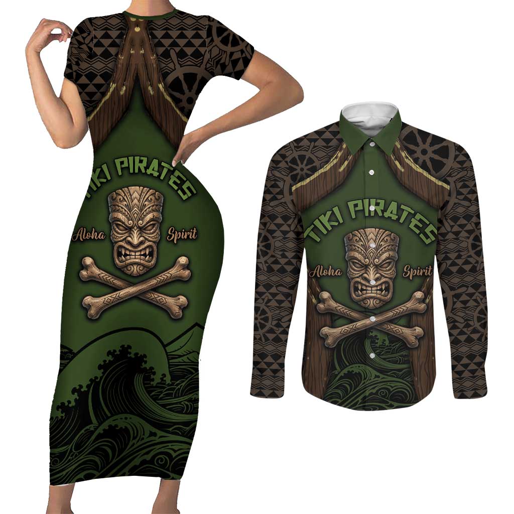 Personalised Hawaii Tiki Pirates Couples Matching Short Sleeve Bodycon Dress and Long Sleeve Button Shirt Kakau Pattern Polynesian Style
