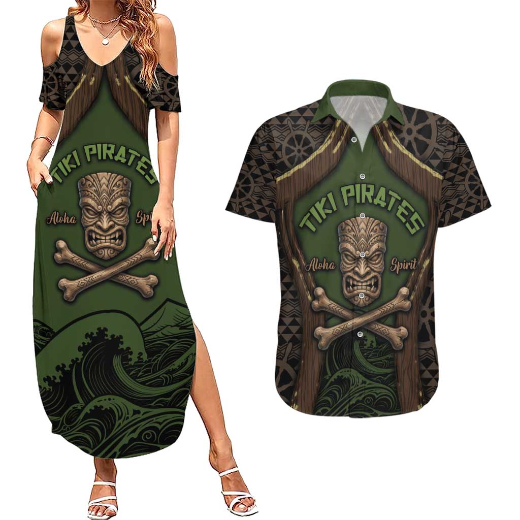 Personalised Hawaii Tiki Pirates Couples Matching Summer Maxi Dress and Hawaiian Shirt Kakau Pattern Polynesian Style