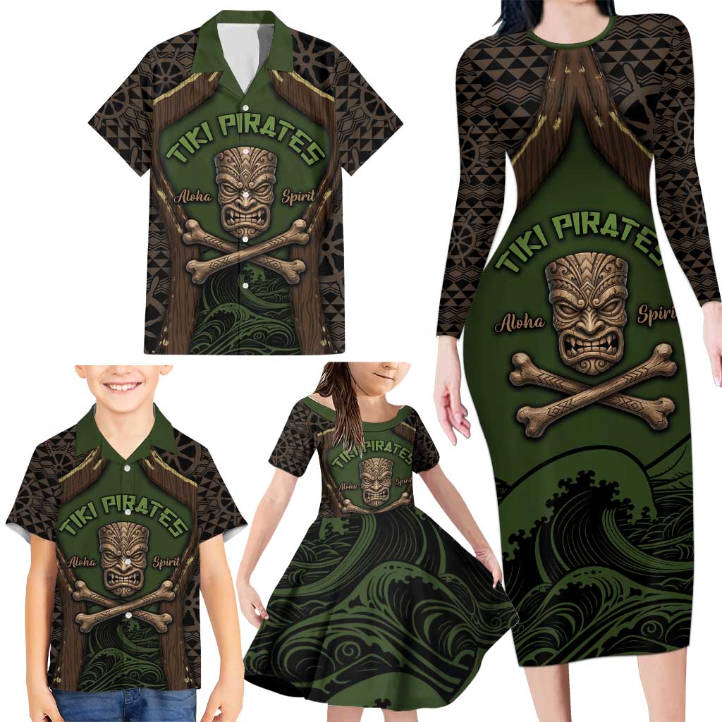 Personalised Hawaii Tiki Pirates Family Matching Long Sleeve Bodycon Dress and Hawaiian Shirt Kakau Pattern Polynesian Style