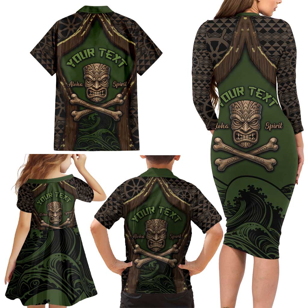 Personalised Hawaii Tiki Pirates Family Matching Long Sleeve Bodycon Dress and Hawaiian Shirt Kakau Pattern Polynesian Style