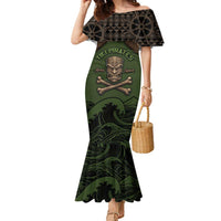 Personalised Hawaii Tiki Pirates Family Matching Mermaid Dress and Hawaiian Shirt Kakau Pattern Polynesian Style DT05 Mom's Dress Green - Polynesian Pride