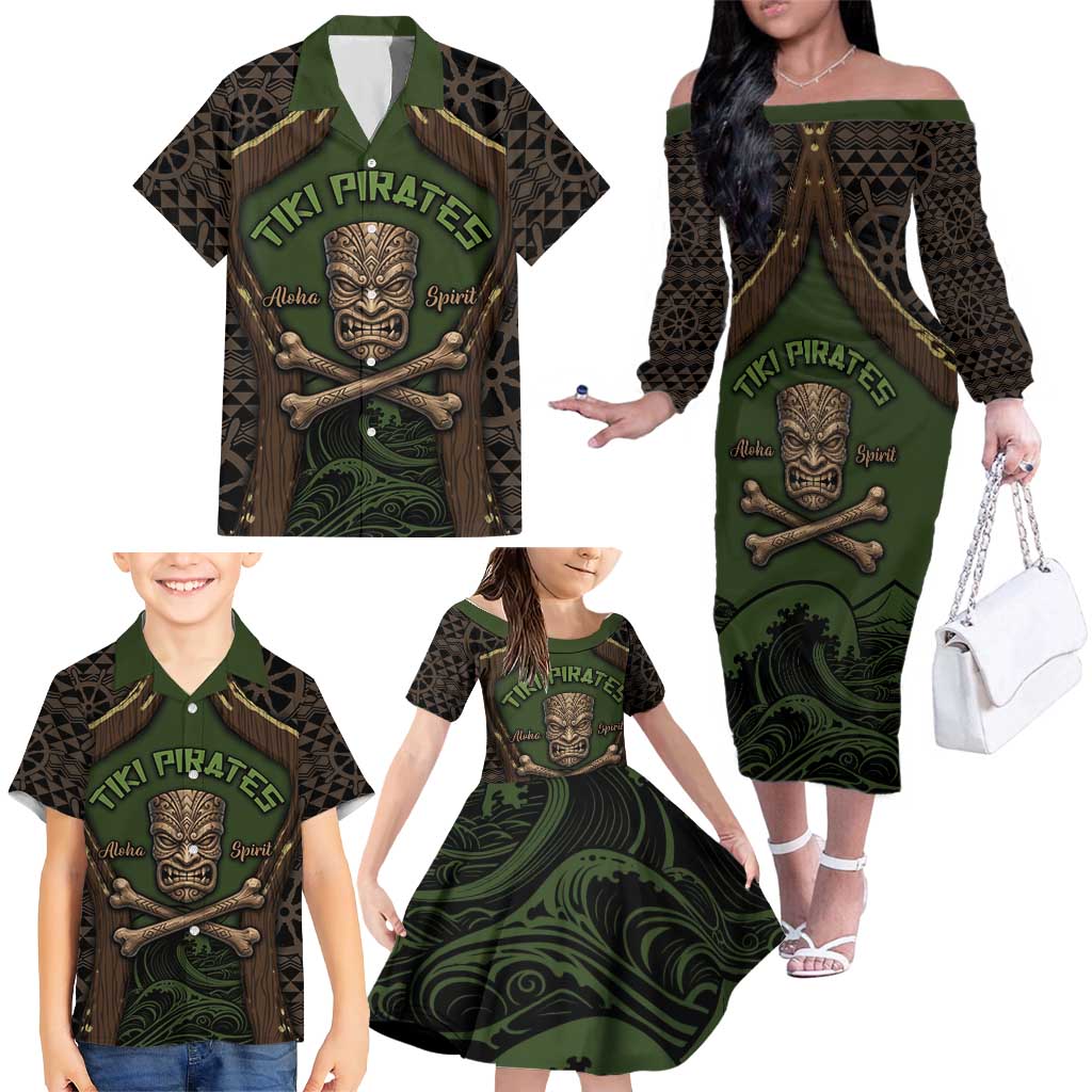 Personalised Hawaii Tiki Pirates Family Matching Off The Shoulder Long Sleeve Dress and Hawaiian Shirt Kakau Pattern Polynesian Style