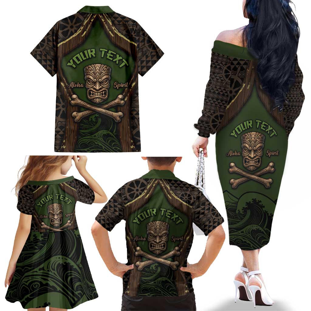Personalised Hawaii Tiki Pirates Family Matching Off The Shoulder Long Sleeve Dress and Hawaiian Shirt Kakau Pattern Polynesian Style