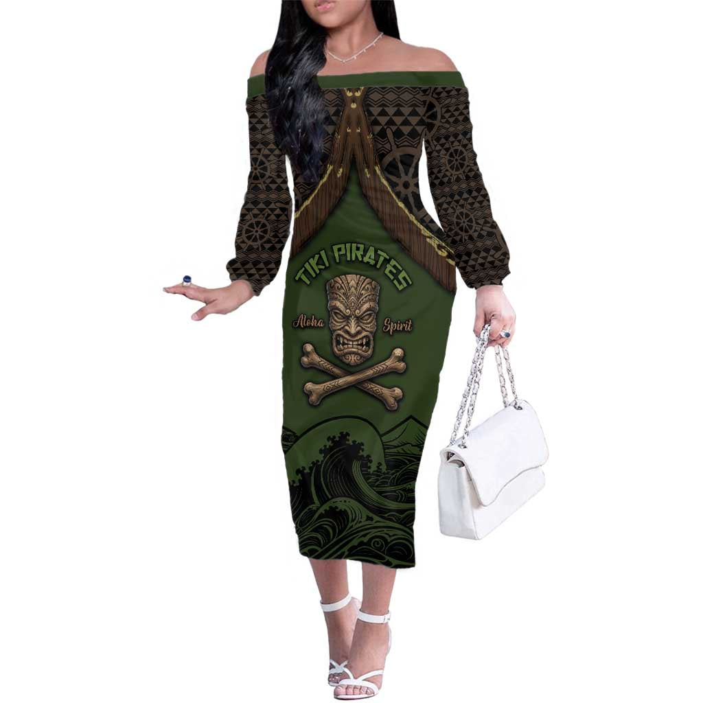 Personalised Hawaii Tiki Pirates Family Matching Off The Shoulder Long Sleeve Dress and Hawaiian Shirt Kakau Pattern Polynesian Style
