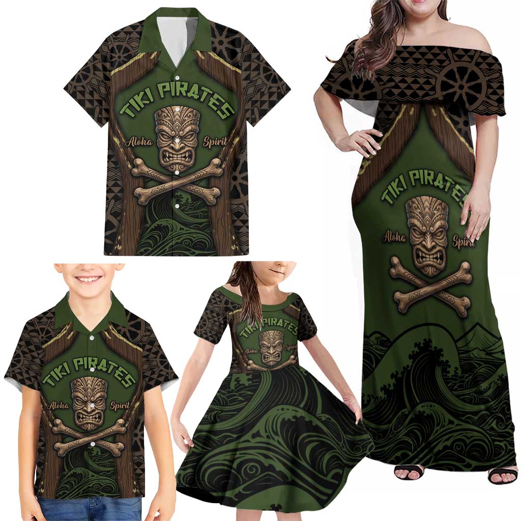 Personalised Hawaii Tiki Pirates Family Matching Off Shoulder Maxi Dress and Hawaiian Shirt Kakau Pattern Polynesian Style DT05 - Polynesian Pride