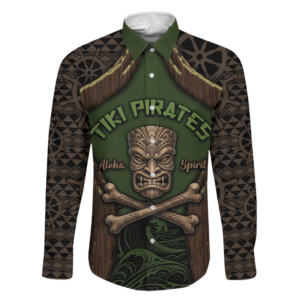 Personalised Hawaii Tiki Pirates Family Matching Off Shoulder Maxi Dress and Hawaiian Shirt Kakau Pattern Polynesian Style DT05 Dad's Shirt - Long Sleeve Green - Polynesian Pride