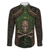 Personalised Hawaii Tiki Pirates Family Matching Off Shoulder Maxi Dress and Hawaiian Shirt Kakau Pattern Polynesian Style DT05 Dad's Shirt - Long Sleeve Green - Polynesian Pride