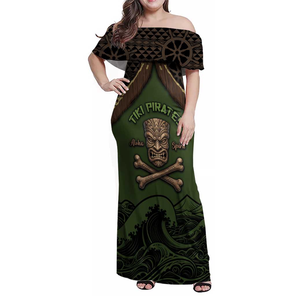 Personalised Hawaii Tiki Pirates Family Matching Off Shoulder Maxi Dress and Hawaiian Shirt Kakau Pattern Polynesian Style DT05 Mom's Dress Green - Polynesian Pride