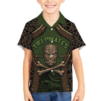 Personalised Hawaii Tiki Pirates Family Matching Off Shoulder Maxi Dress and Hawaiian Shirt Kakau Pattern Polynesian Style DT05 Son's Shirt Green - Polynesian Pride