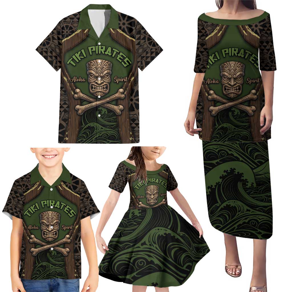 Personalised Hawaii Tiki Pirates Family Matching Puletasi and Hawaiian Shirt Kakau Pattern Polynesian Style