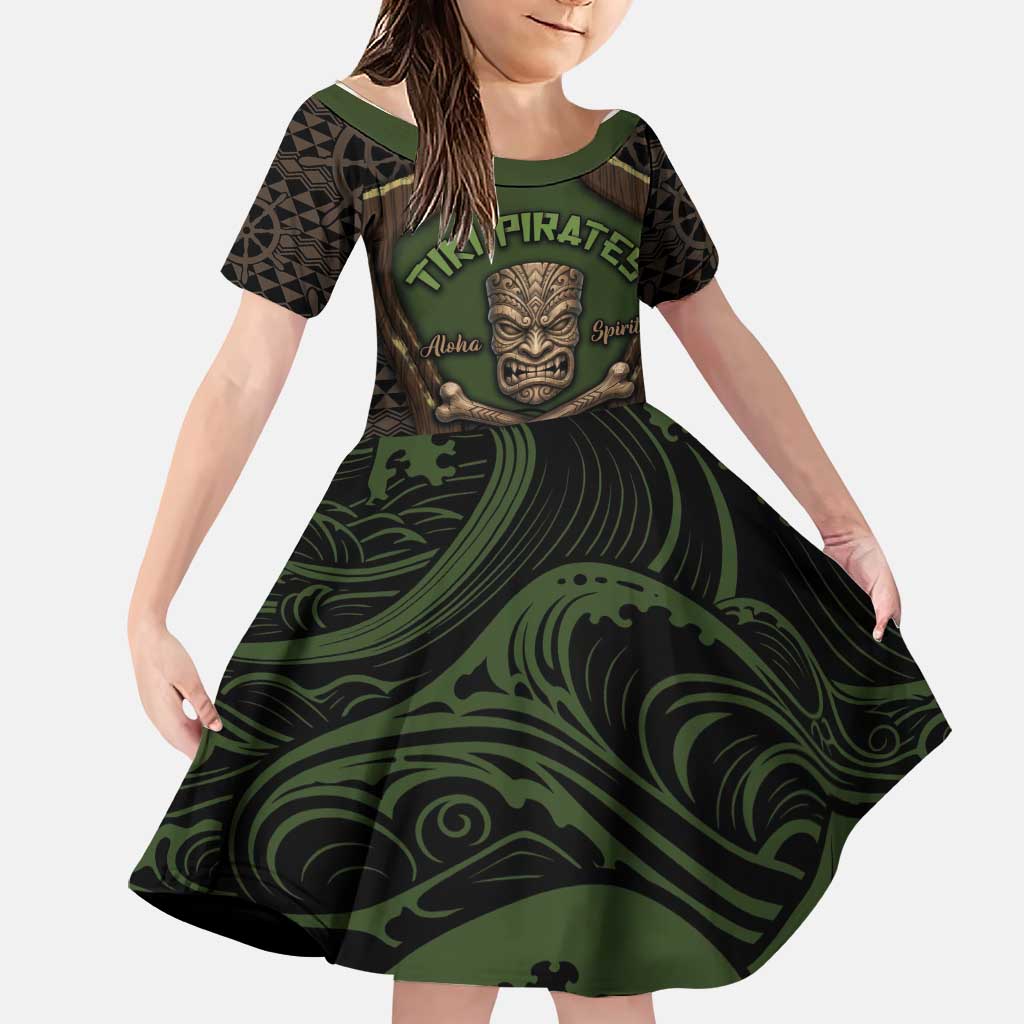 Personalised Hawaii Tiki Pirates Family Matching Tank Maxi Dress and Hawaiian Shirt Kakau Pattern Polynesian Style DT05 Daughter's Dress Green - Polynesian Pride