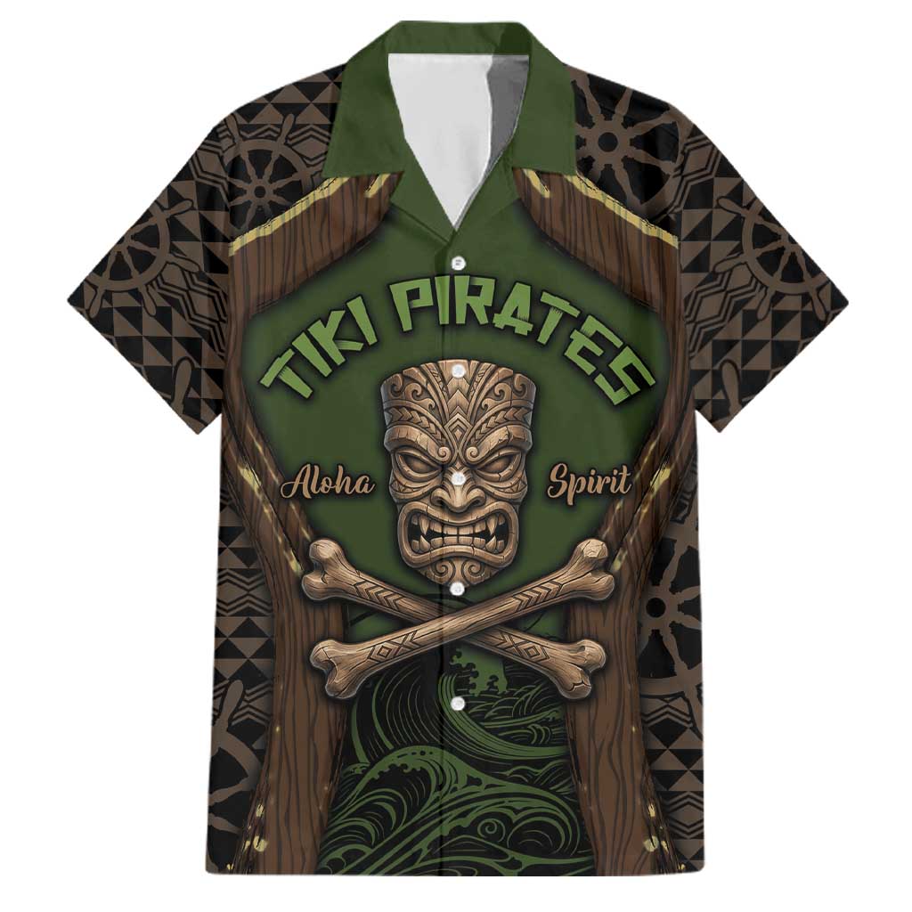 Personalised Hawaii Tiki Pirates Family Matching Tank Maxi Dress and Hawaiian Shirt Kakau Pattern Polynesian Style DT05 Dad's Shirt - Short Sleeve Green - Polynesian Pride
