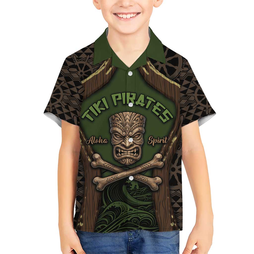 Personalised Hawaii Tiki Pirates Family Matching Tank Maxi Dress and Hawaiian Shirt Kakau Pattern Polynesian Style DT05 Son's Shirt Green - Polynesian Pride