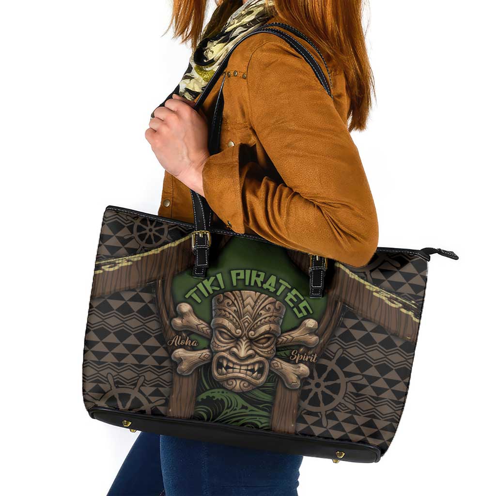 Hawaii Tiki Pirates Leather Tote Bag Kakau Pattern Polynesian Style