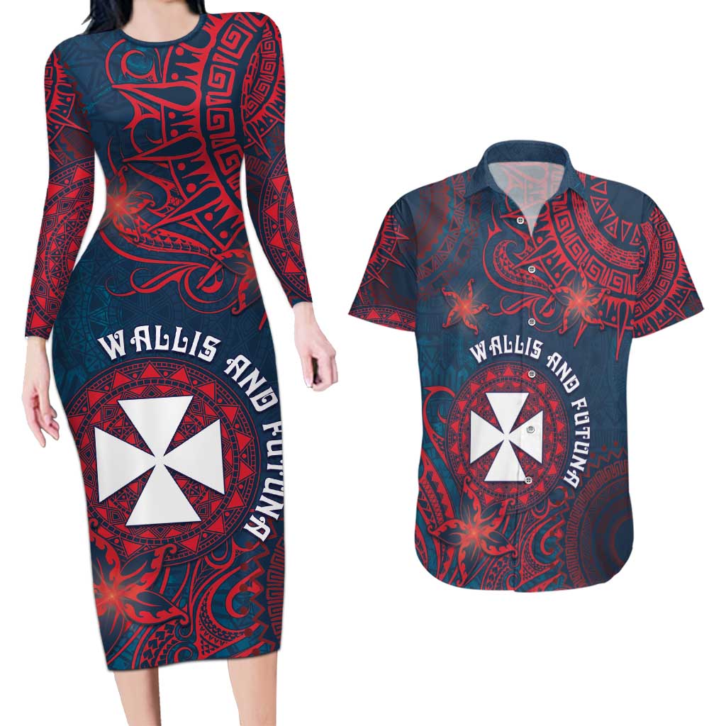 Personalised Wallis And Futuna Couples Matching Long Sleeve Bodycon Dress and Hawaiian Shirt Hibiscus Polynesian Tribal Pattern