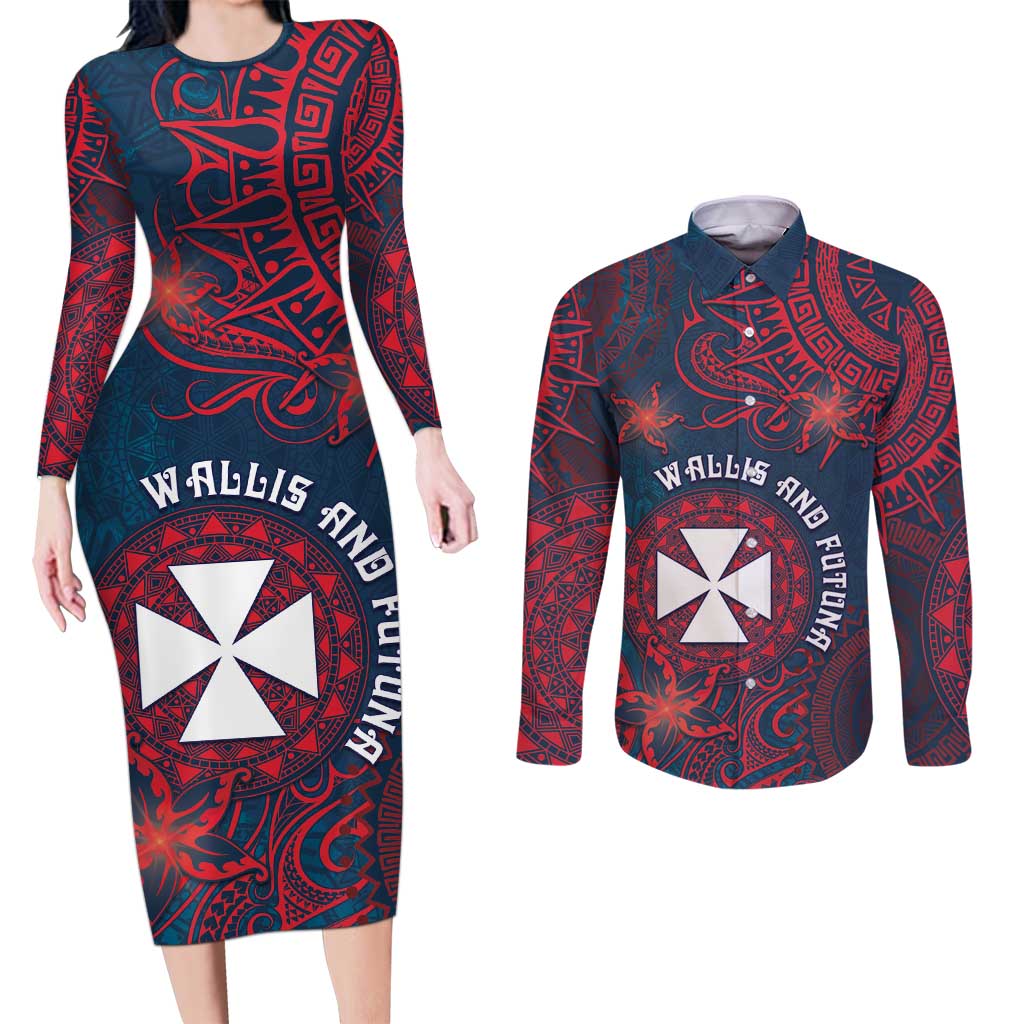 Personalised Wallis And Futuna Couples Matching Long Sleeve Bodycon Dress and Long Sleeve Button Shirt Hibiscus Polynesian Tribal Pattern