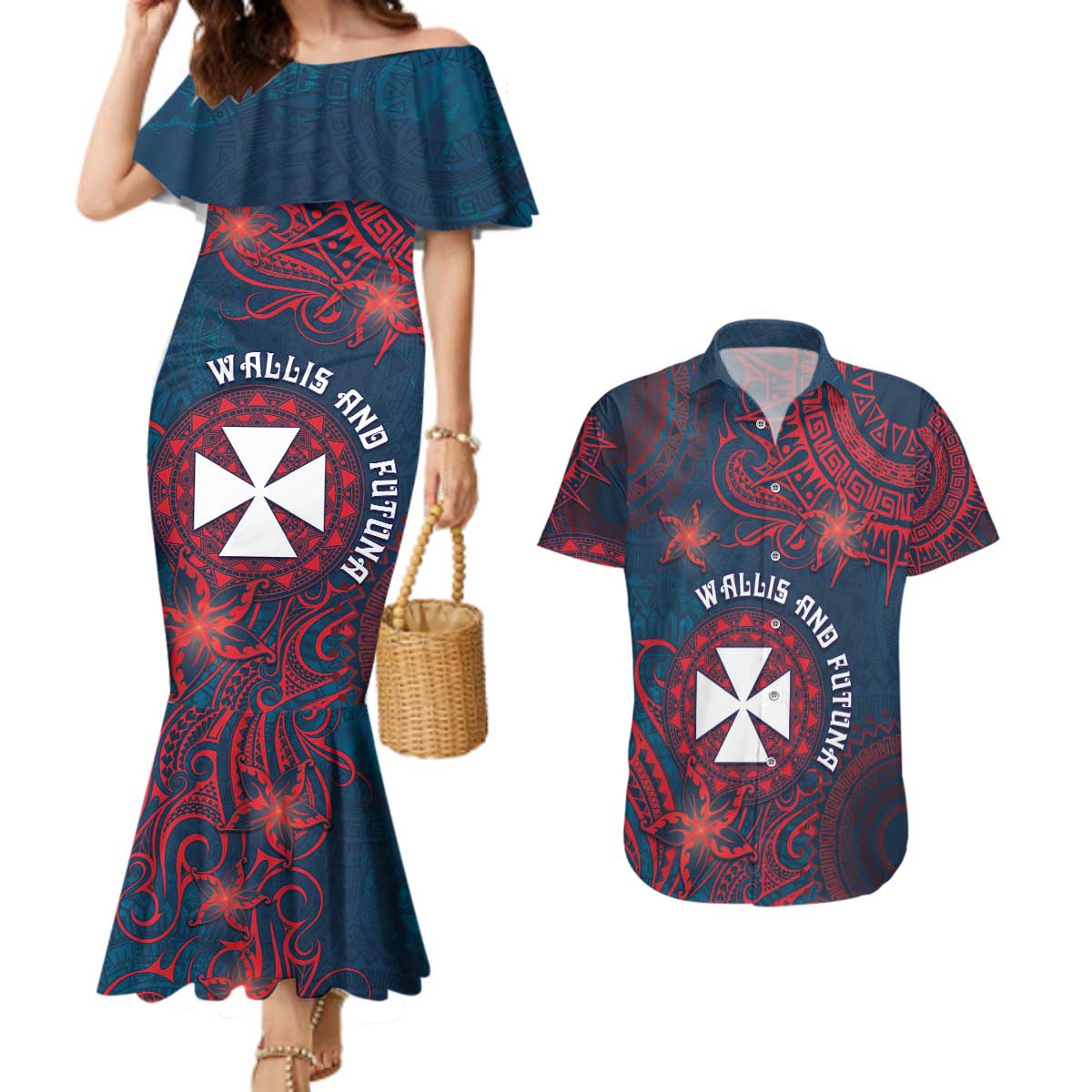 Personalised Wallis And Futuna Couples Matching Mermaid Dress and Hawaiian Shirt Hibiscus Polynesian Tribal Pattern