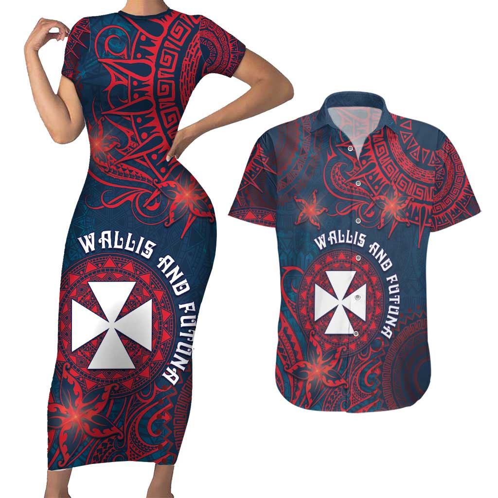 Personalised Wallis And Futuna Couples Matching Short Sleeve Bodycon Dress and Hawaiian Shirt Hibiscus Polynesian Tribal Pattern