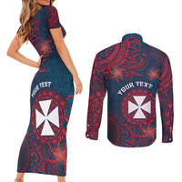 Personalised Wallis And Futuna Couples Matching Short Sleeve Bodycon Dress and Long Sleeve Button Shirt Hibiscus Polynesian Tribal Pattern