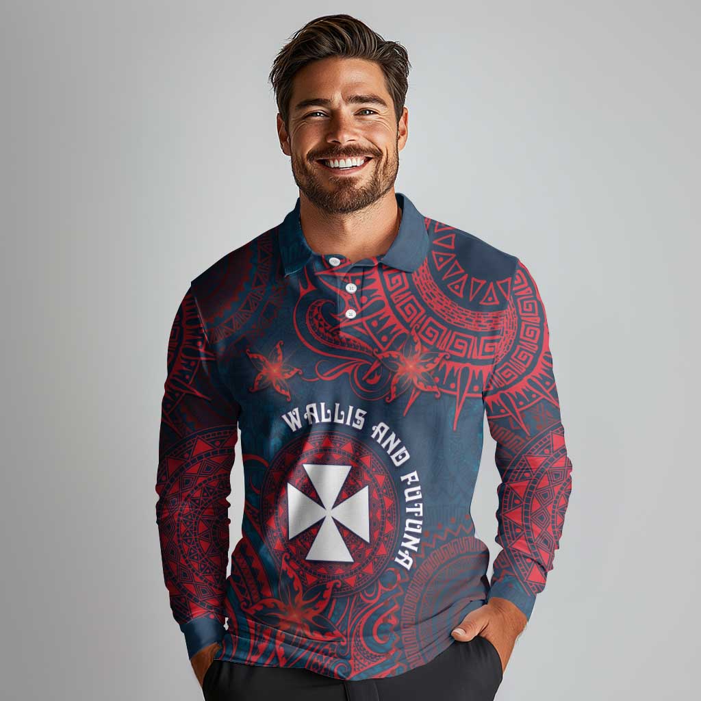 Personalised Wallis And Futuna Long Sleeve Polo Shirt Hibiscus Polynesian Tribal Pattern