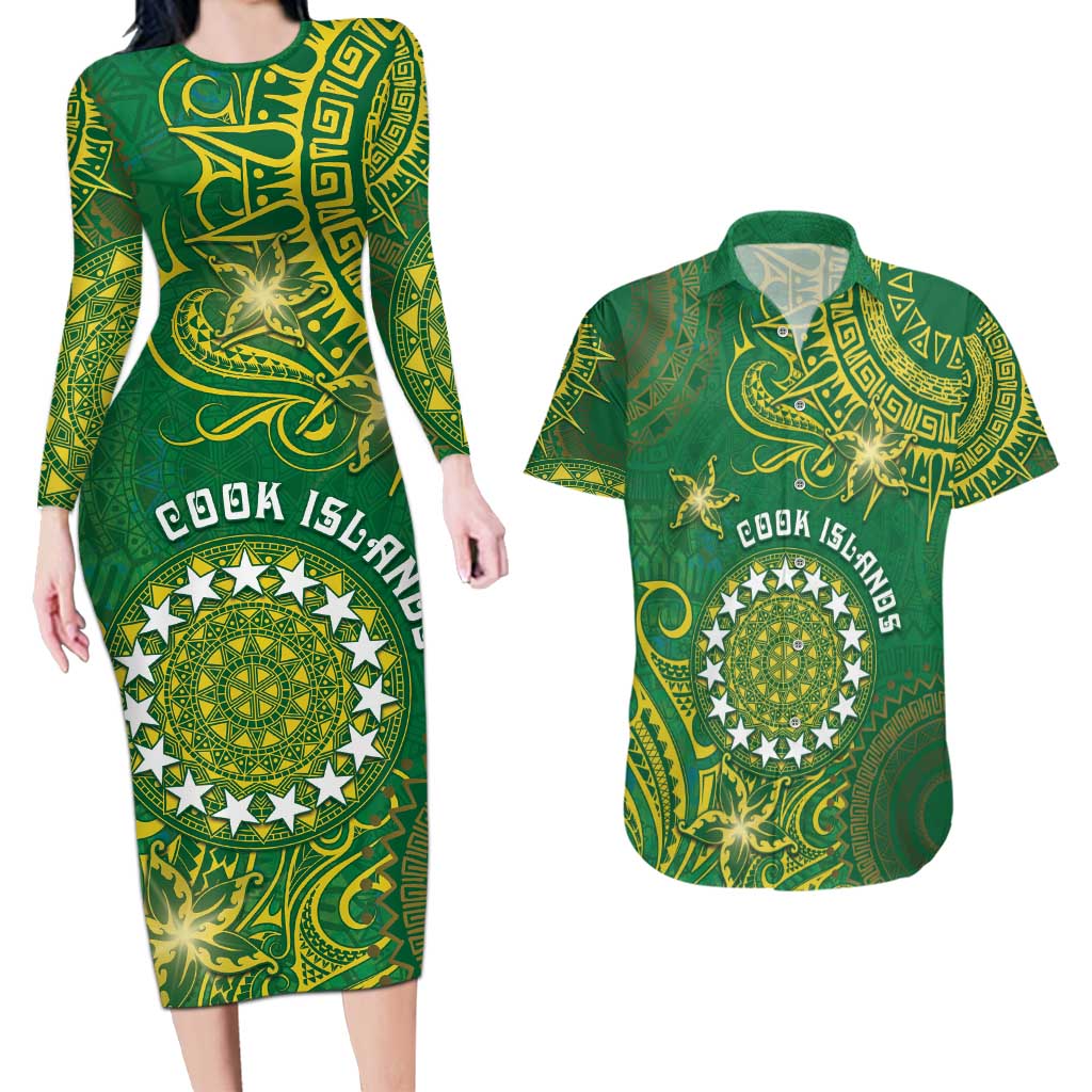Personalised Cook Islands Couples Matching Long Sleeve Bodycon Dress and Hawaiian Shirt Hibiscus Polynesian Tribal Pattern