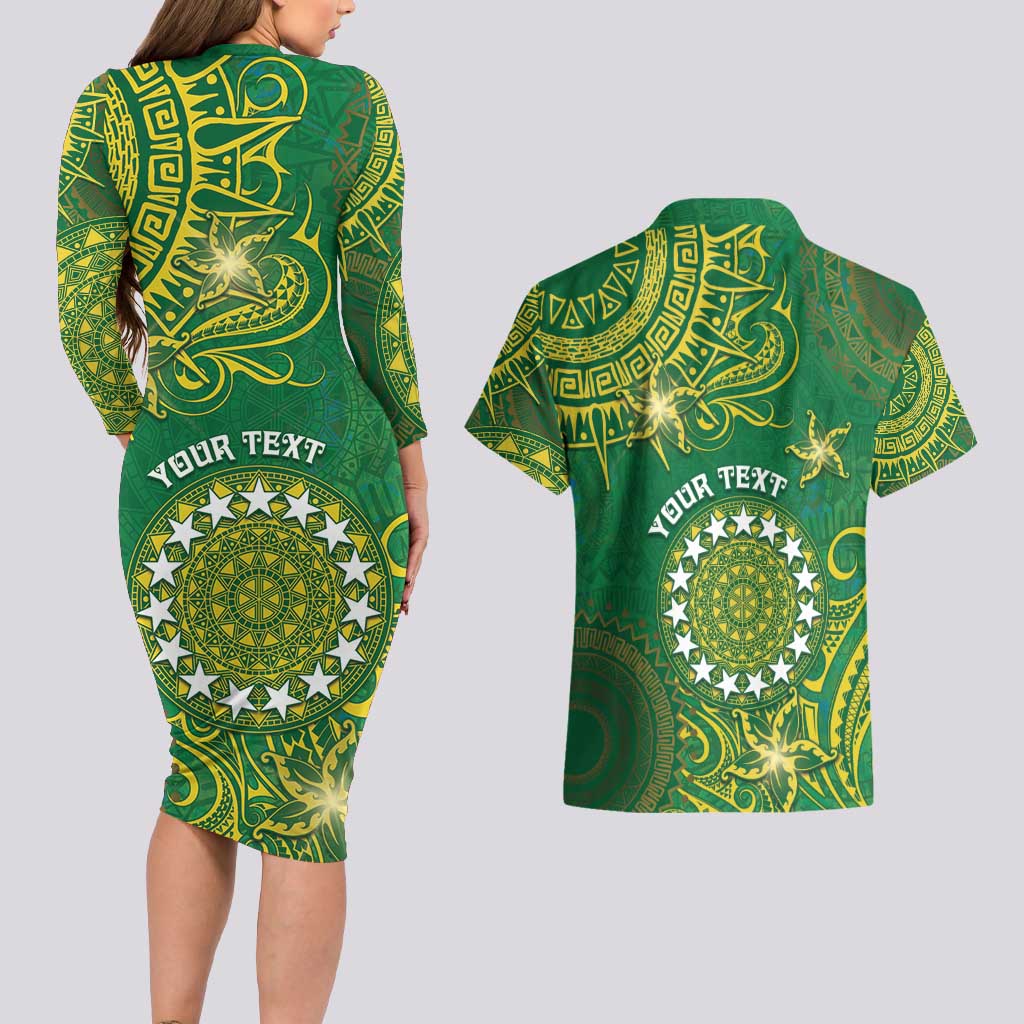 Personalised Cook Islands Couples Matching Long Sleeve Bodycon Dress and Hawaiian Shirt Hibiscus Polynesian Tribal Pattern