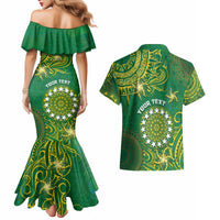Personalised Cook Islands Couples Matching Mermaid Dress and Hawaiian Shirt Hibiscus Polynesian Tribal Pattern